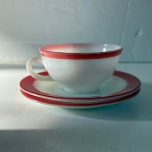 Vintage Pyrex 1950s flamingo pink and milk glass one teacup and two saucers